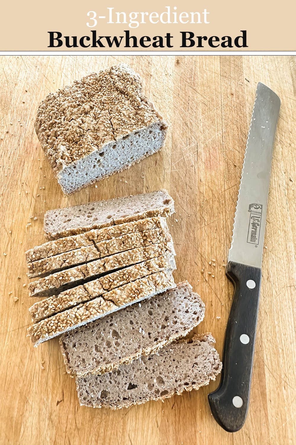 3 ingredient buckwheat bread on a cutting board