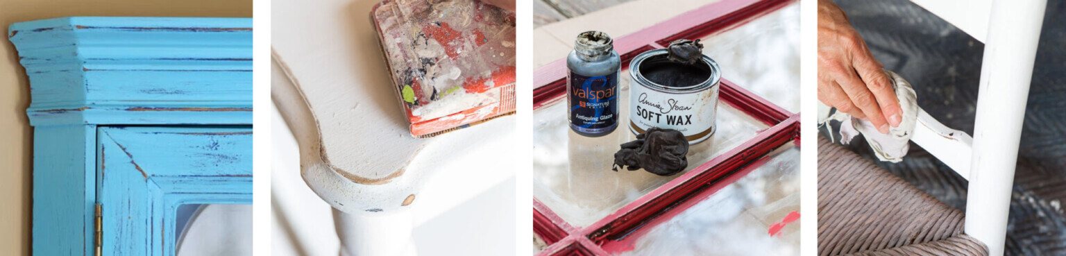 4 photos of chalk painted items of furniture