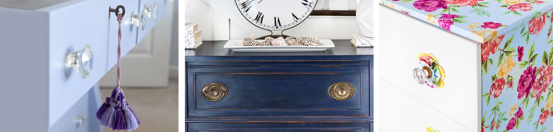 Blue chalk painted sideboard in decorated entry of home