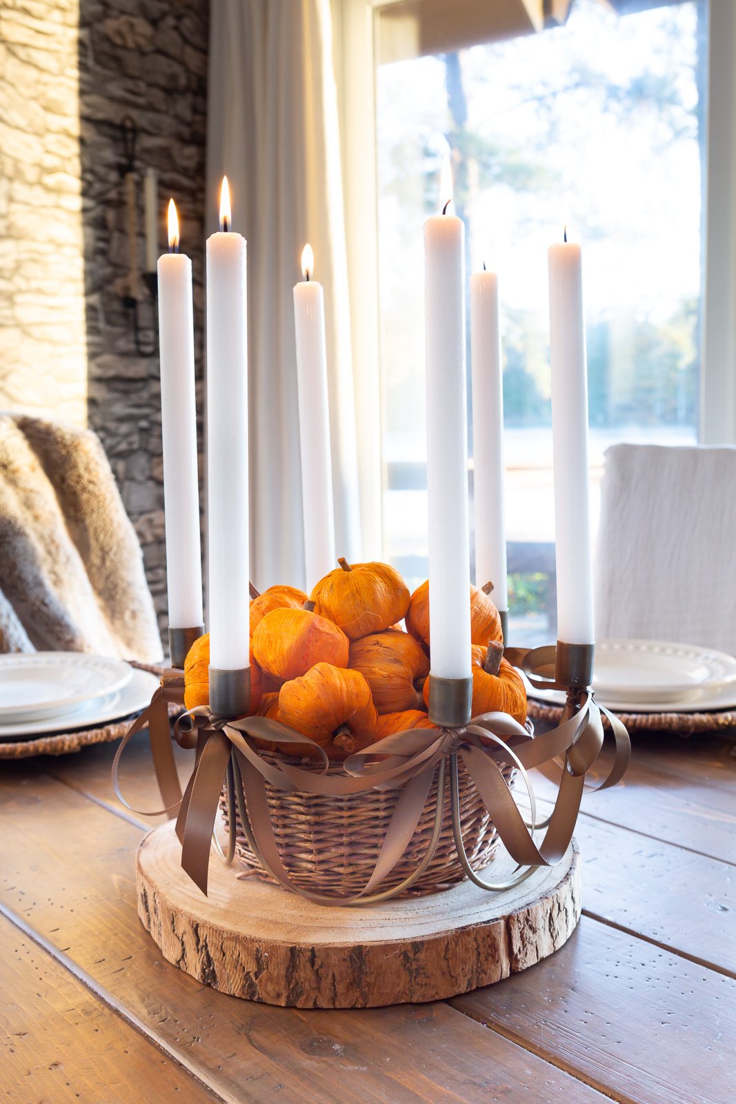 Ribbon & Candle Centerpiece on My Thanksgiving Table