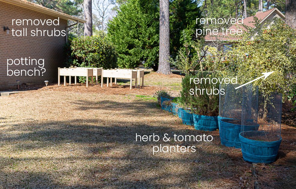 side yard of house with markings showing where garden will be.