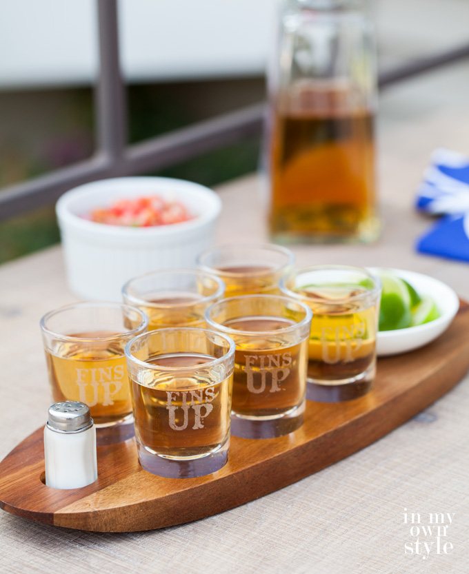 The best Margarita recipe - 6 shot glasses on a tray ready to be served to guests.