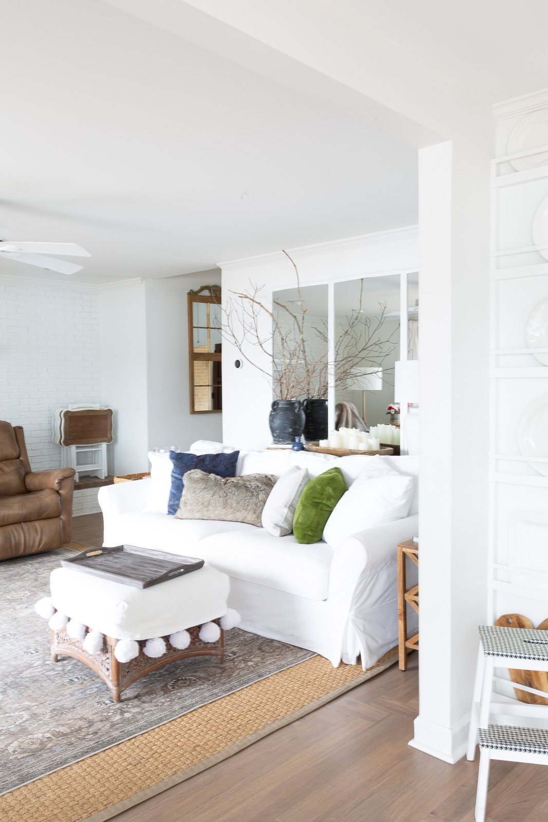 White living room after popcorn ceiling was removed.