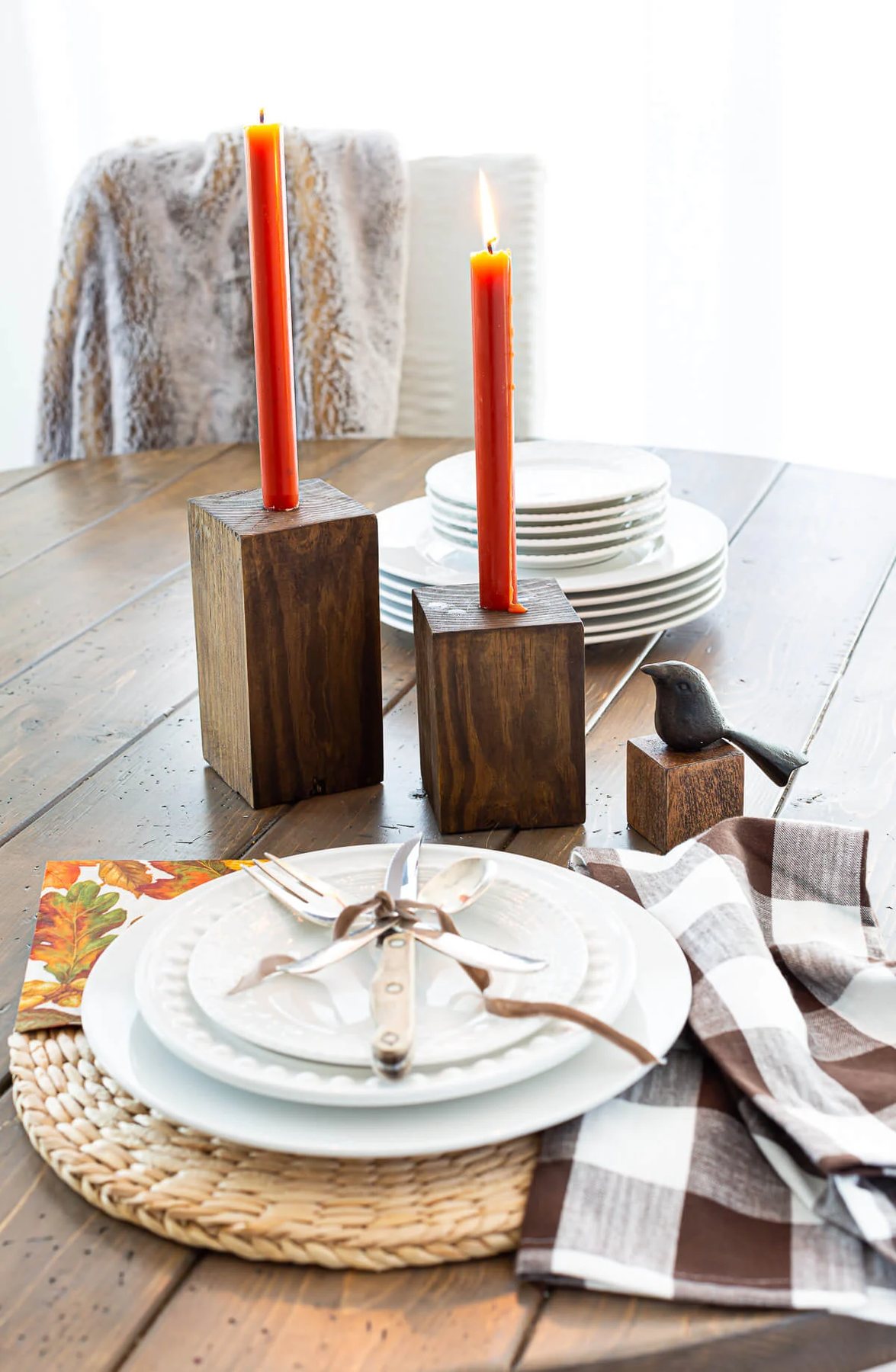 Thanksgiving table setting idea using DIY wooden candle holders.