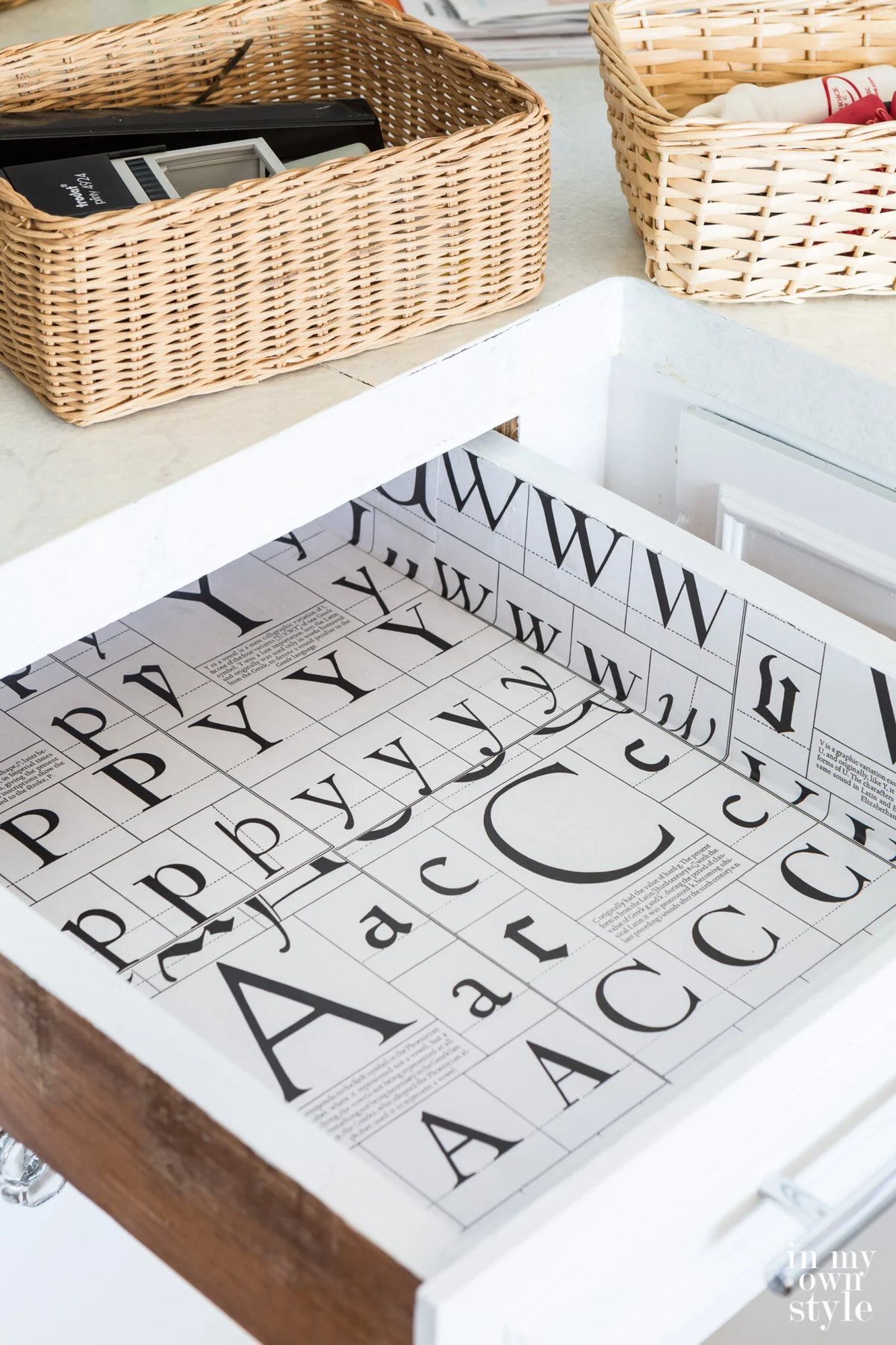 decorating with common household items can save money. Update old drawers by lining them with pages from books.