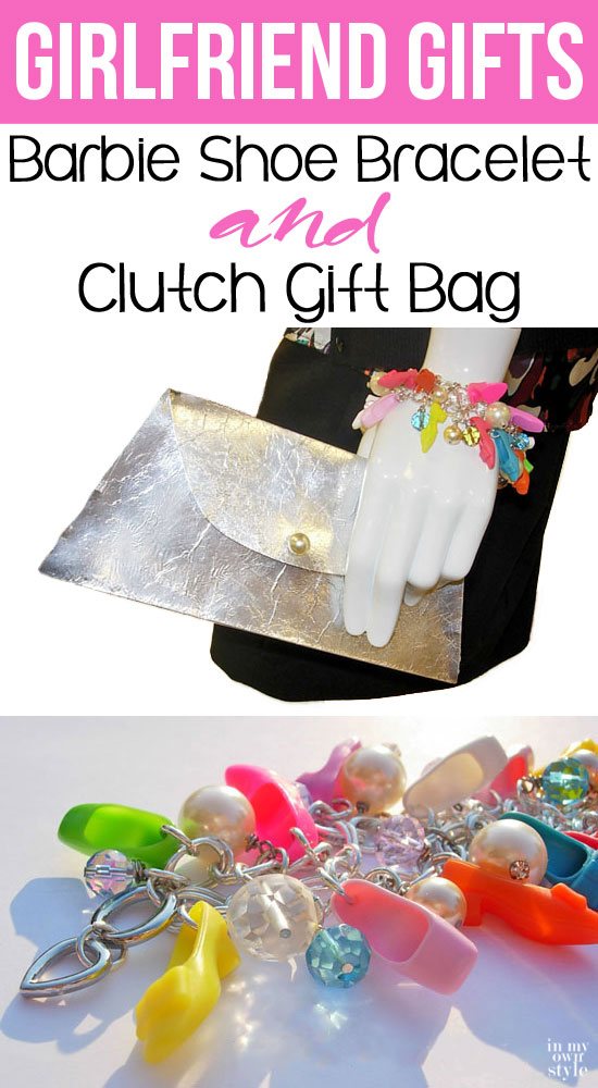 Fun, colorful, and chic bracelet to give to your fashion loving girlfriends. The bracelet is made from Barbie shoes, the clutch a file folder. | Oducu