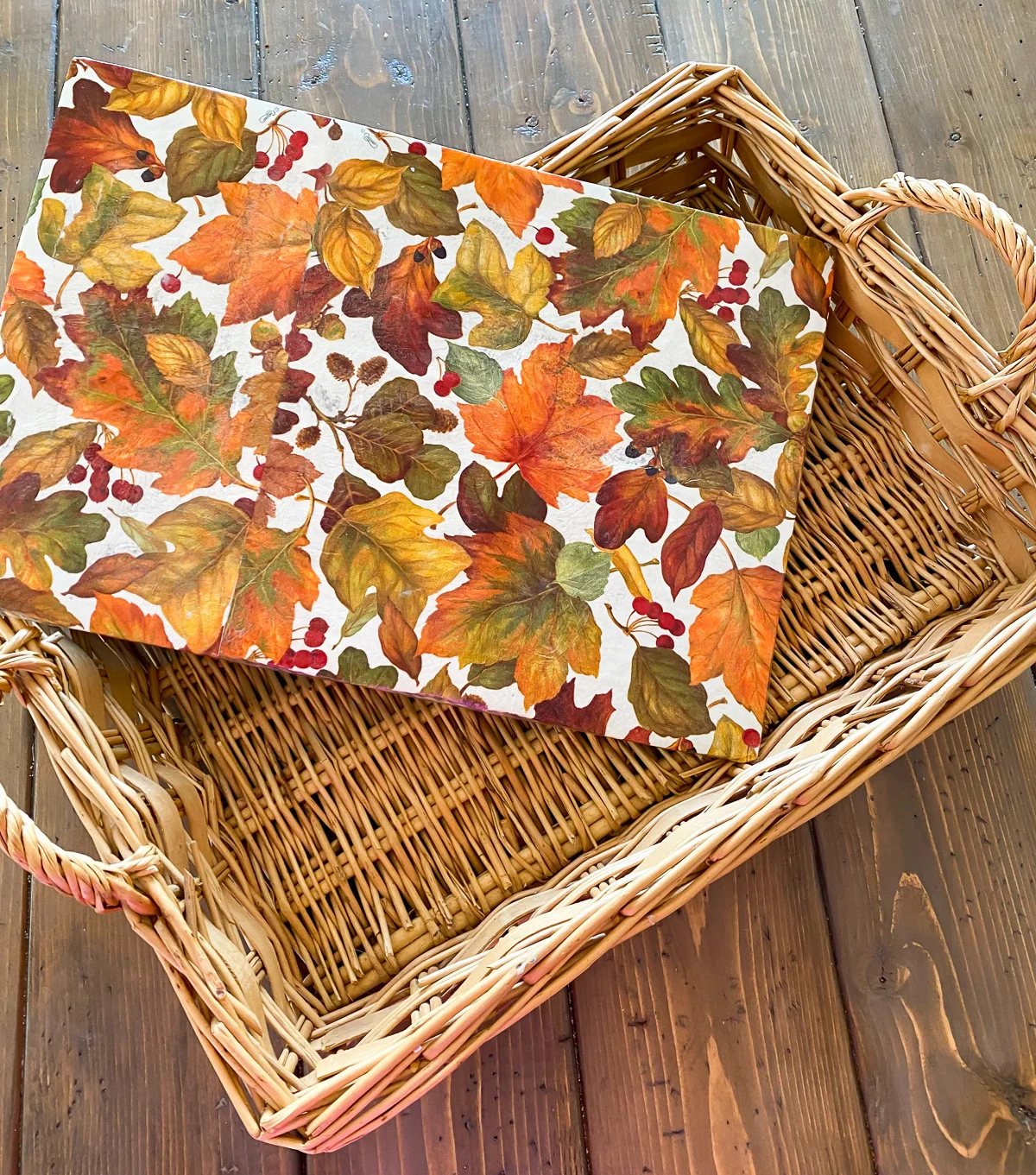 fall paper napkins vinylized insert in wicker tray basket