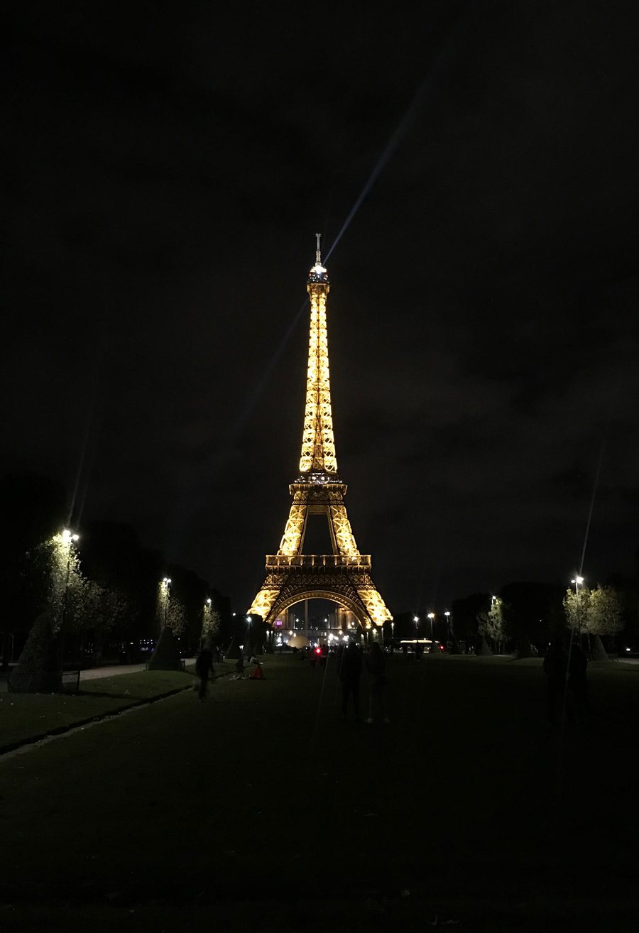 The Eiffel Tower at lit up at night