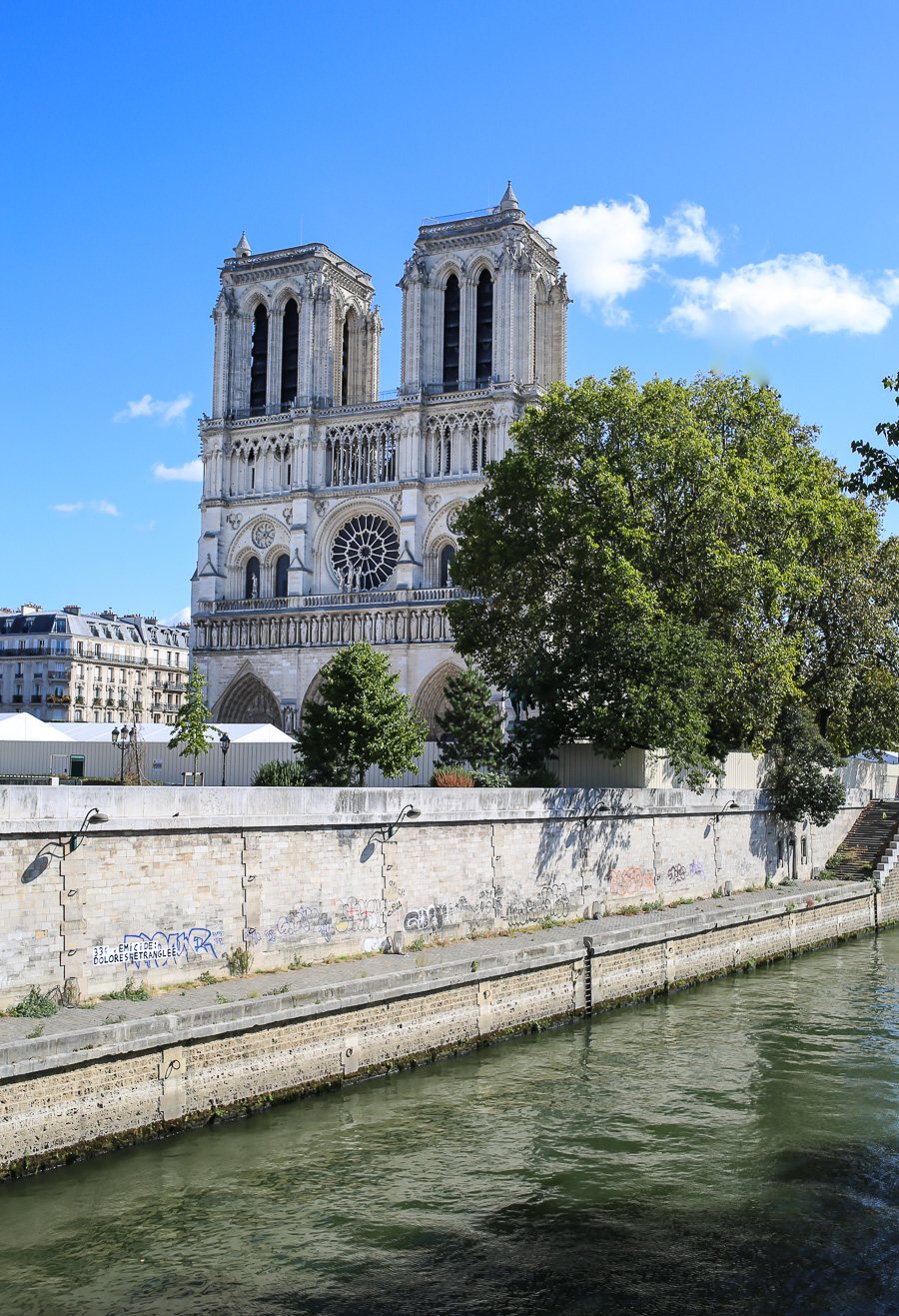 Front view of Notre Dame Cathedral in Paris after the fire.