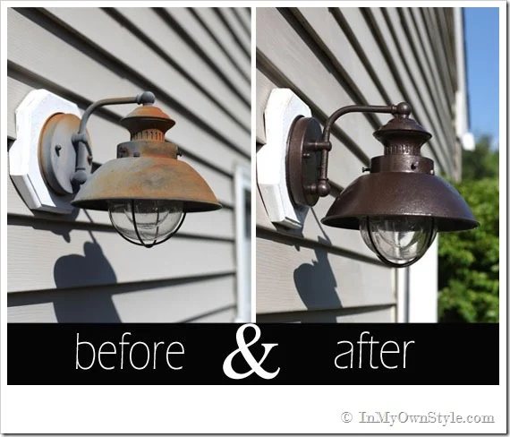 Before and After photos showing how to paint a rusted light fixture