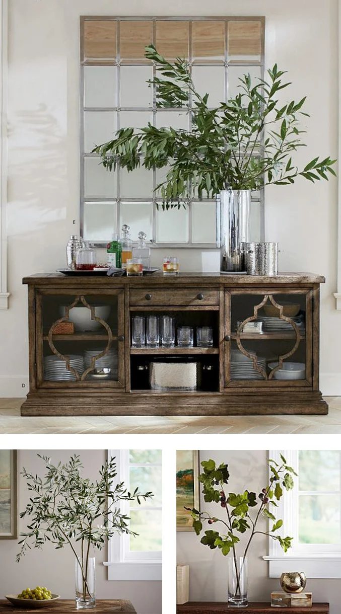 Pottery-Barn-fake-branches-in-tall glass-vases
