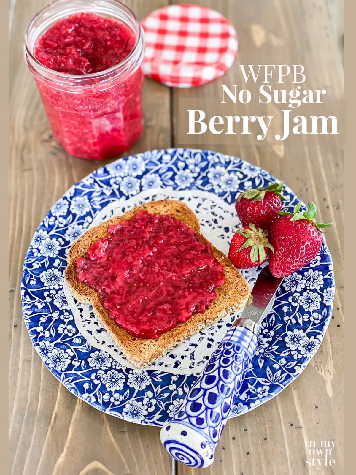 Homemade No Added Sugar Jam on toast on a plate.