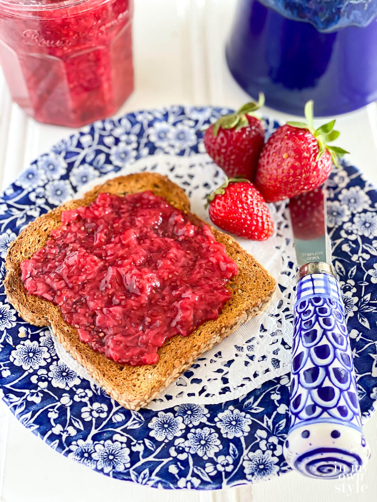 toast with homemade no sugar jam on a plate.