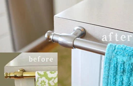 Before and after metal towel bar after being spray painted and sealed with a spray sealer.