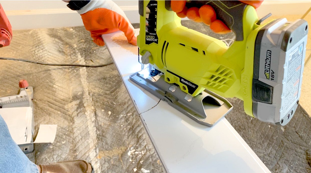How to cut Armstrong WoodHaven ceiling planks around light fixtures using a template and jigsaw.