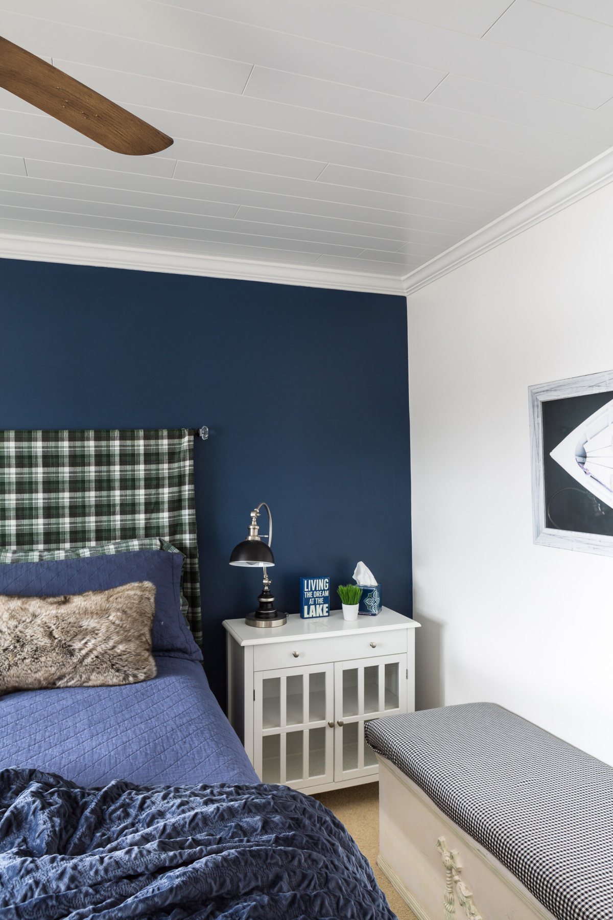 Bedroom ceiling makeover using WoodHaven Ceiling Planks over an existing textured ceiling.