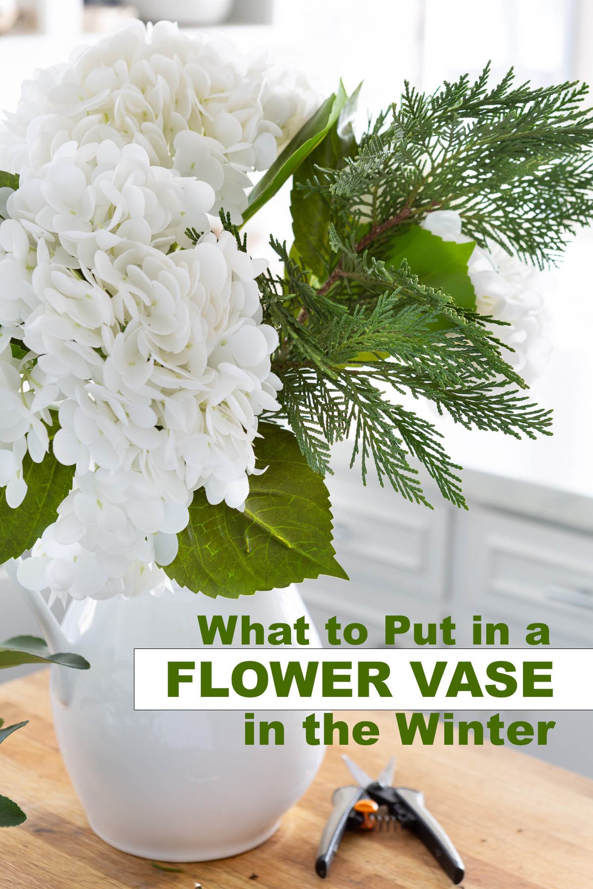 White hydrangeas and cedar in a white pitcher. Text overlay says what to put in a flower vase in the winter