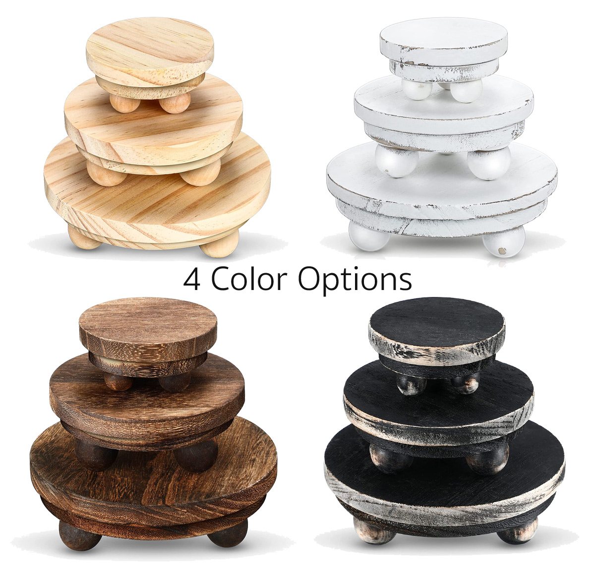 These footed risers come in 4 color options. Small risers that range in size for 2"- 8" in diameter.