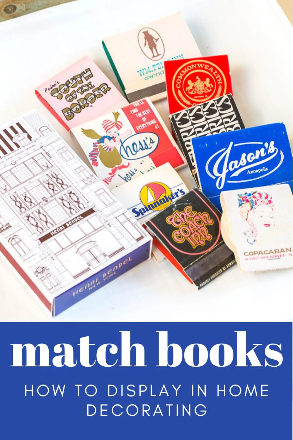 Matchbooks on a white ceramic tray.