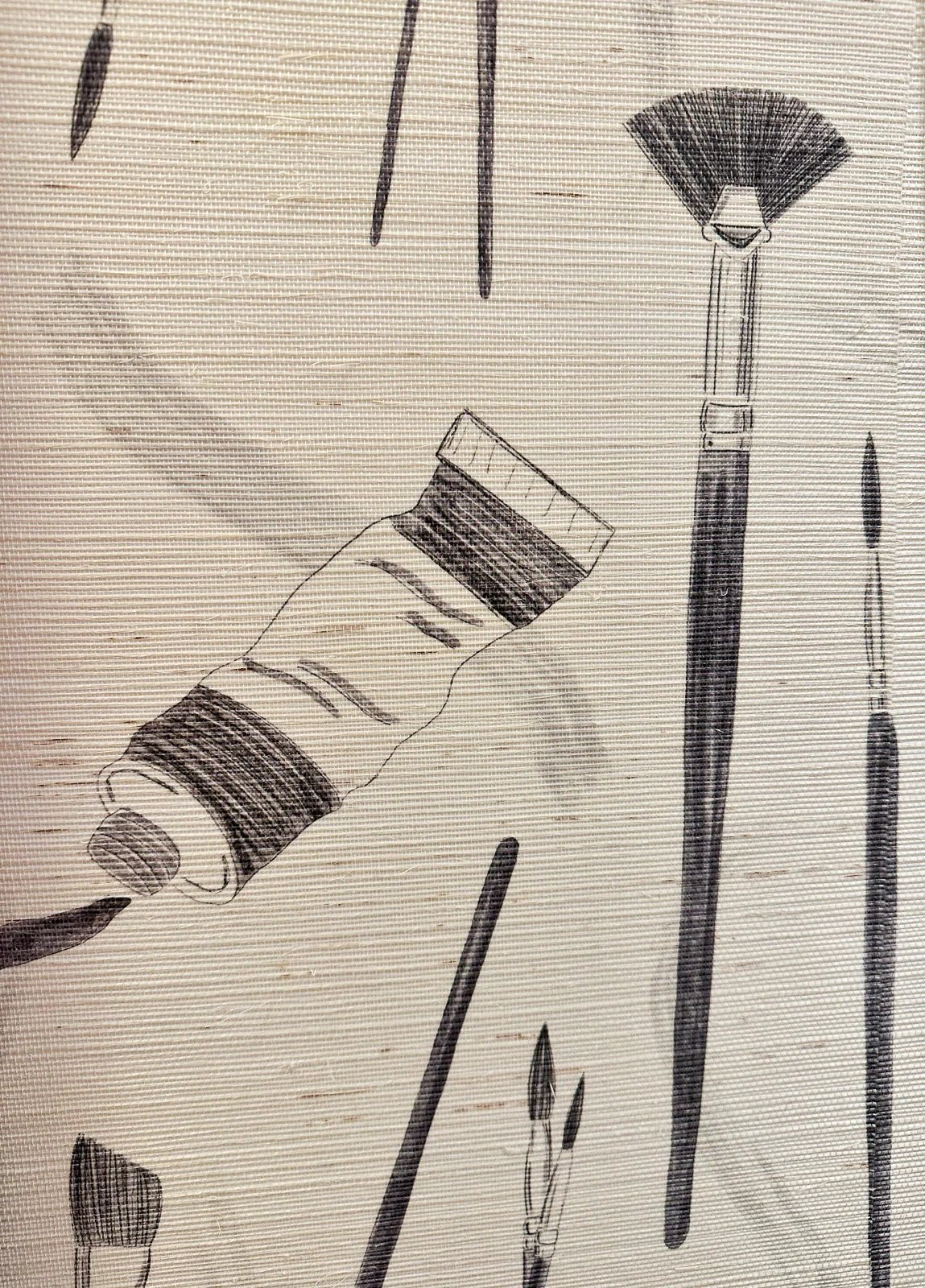 paint tubes and brush black and white illustration wallpaper in Southern Living Idea House- Charlottesville