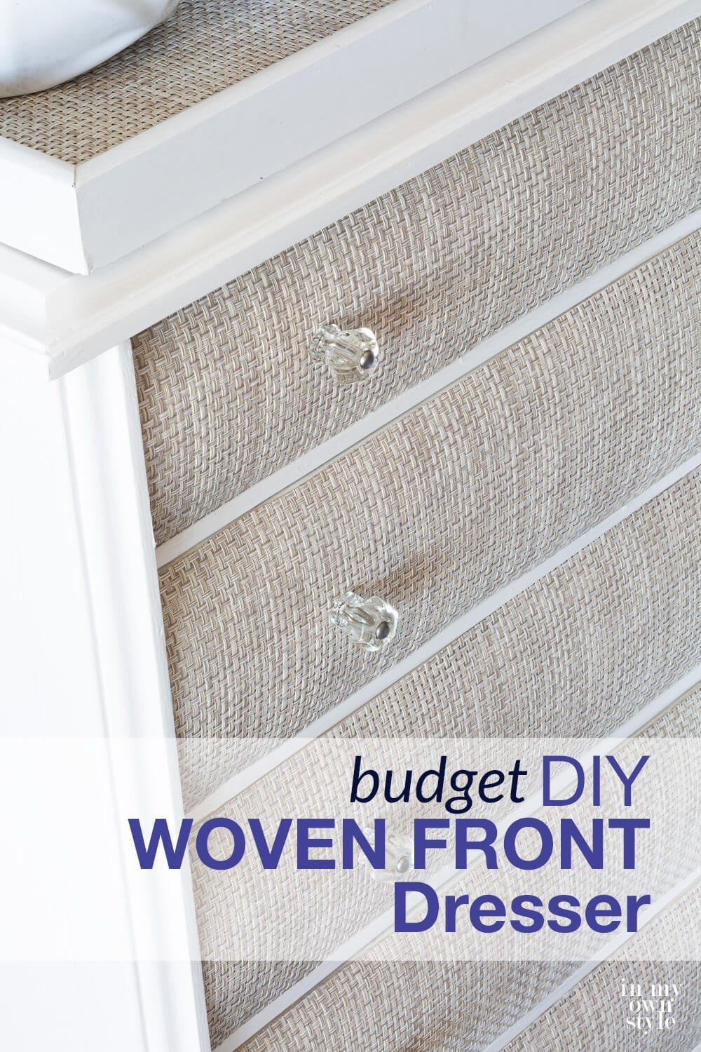 Woven front furniture makeover after. Text overlay says DIY Woven Front Dresser