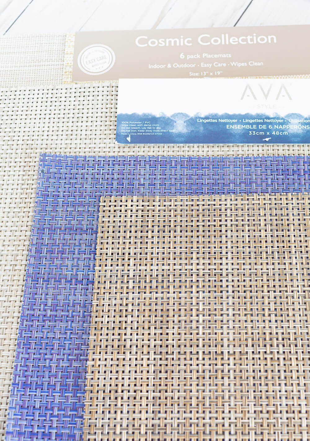 Close up of a blue and tan woven place mats