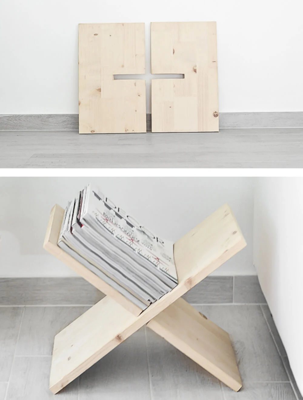 wood pattern to make X shaped magazine or book holder.