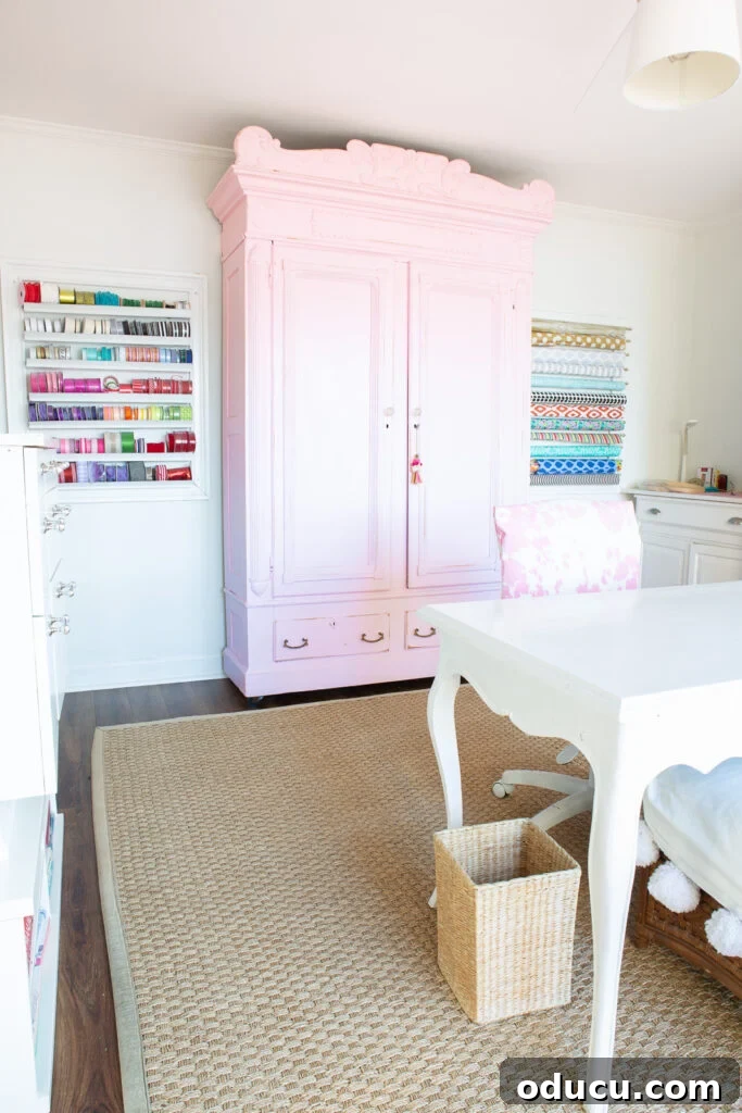 From Spare to Stellar: Room Transformation 11 Looking at vintage armoire in mutli-purpose room.