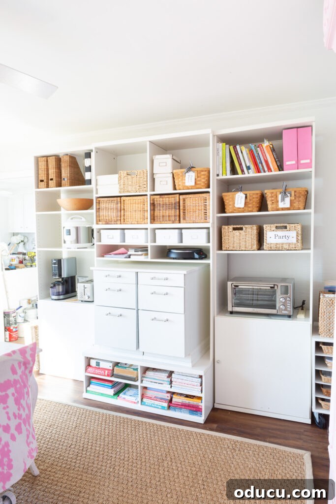 From Spare to Stellar: Room Transformation 15 Vintage IKEA TV and media wall unit remade to use to hold a variety of kitchen, pantry and other items in a multi-purpose room.
