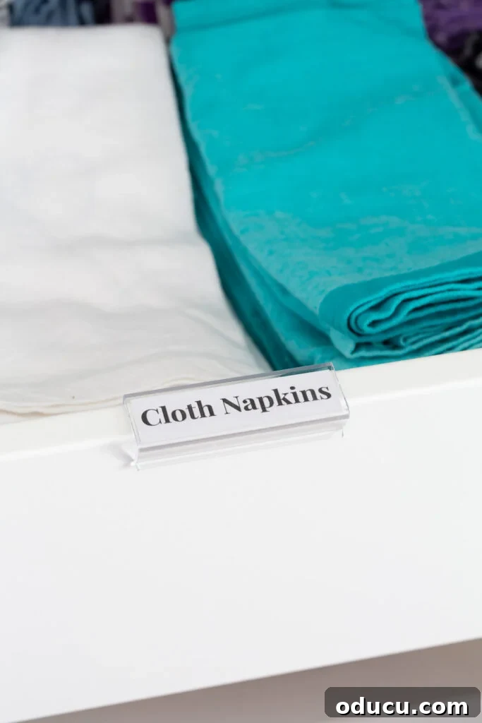 From Spare to Stellar: Room Transformation 9 IKEA PAX with added label saying cloth napkins on drawers