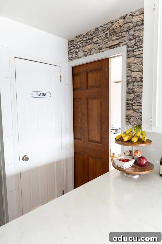Unveiling Our Open Kitchen Wall 11 A view showcasing the accent wall covered in realistic faux stone wallpaper, with an elegantly hidden pocket door that offers the option to close off the adjacent room from the kitchen.