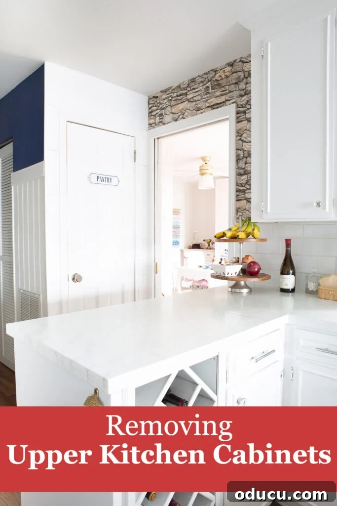 Unveiling Our Open Kitchen Wall 19 A beautifully renovated kitchen showcasing the benefits of removing upper kitchen cabinets, revealing an open, spacious, and well-lit area with decorative touches.