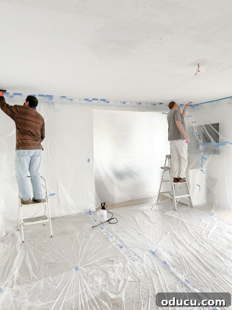 Our Ceiling Contractors Left Us Hanging 5 living room taped off while making over ceiling