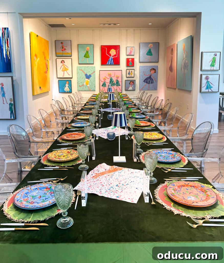 Unlock Your Decor Potential with Craft Paint 4 A vibrant, colorful table setting for a charity event at an art gallery, featuring unique decorative elements and lively dinnerware.
