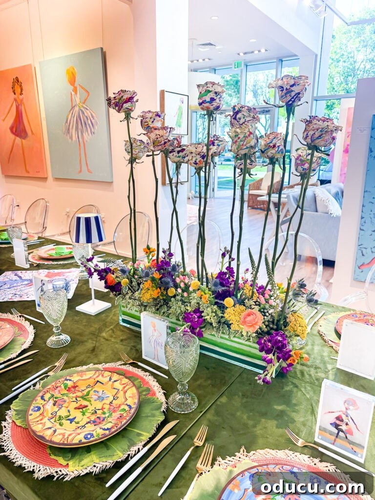 Unlock Your Decor Potential with Craft Paint 7 A vibrant table setting featuring a unique centerpiece of white tulips, artistically adorned with splatter paint, creating a burst of color.