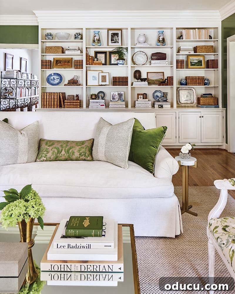 Fashion Forward: Issue 232 2 white sofa in a green and white room with bookshelves lining a wall.