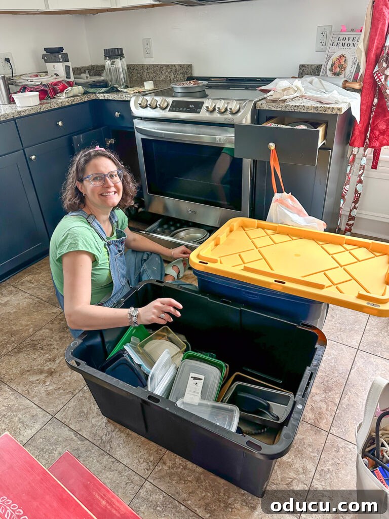 New homeowner organizing kitchen items in her updated kitchen.