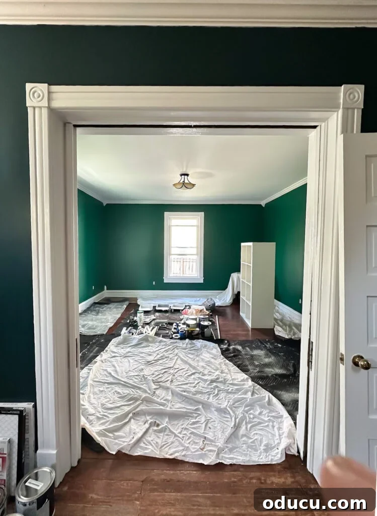 Dark green walls in the living room before renovation.
