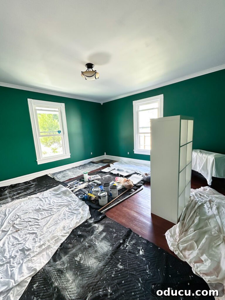 Another view of the dark green living room walls.