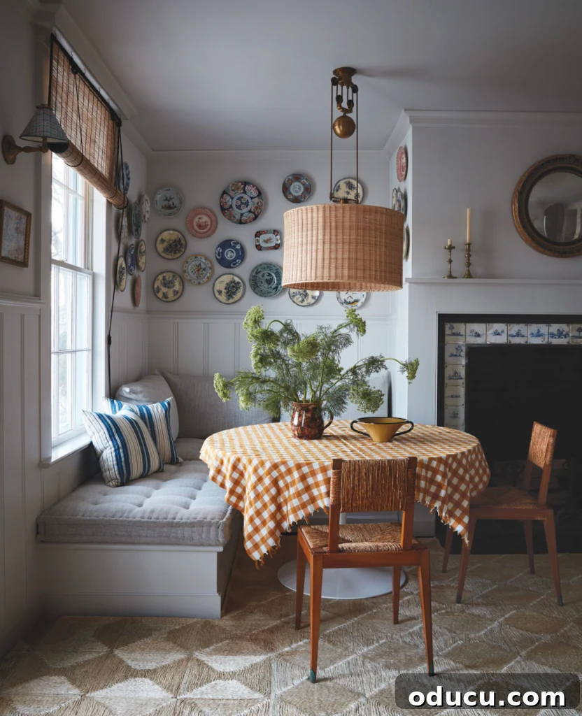 Trend Discovery 239 2 Charming dining nook featuring a banquette seat and a gallery wall adorned with decorative plates, adding character and warmth to the kitchen space.