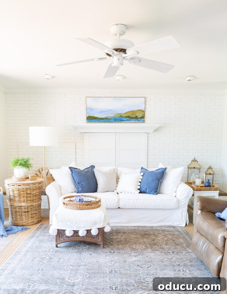 A tastefully decorated blue and white living room, featuring a modern coastal ambiance.
