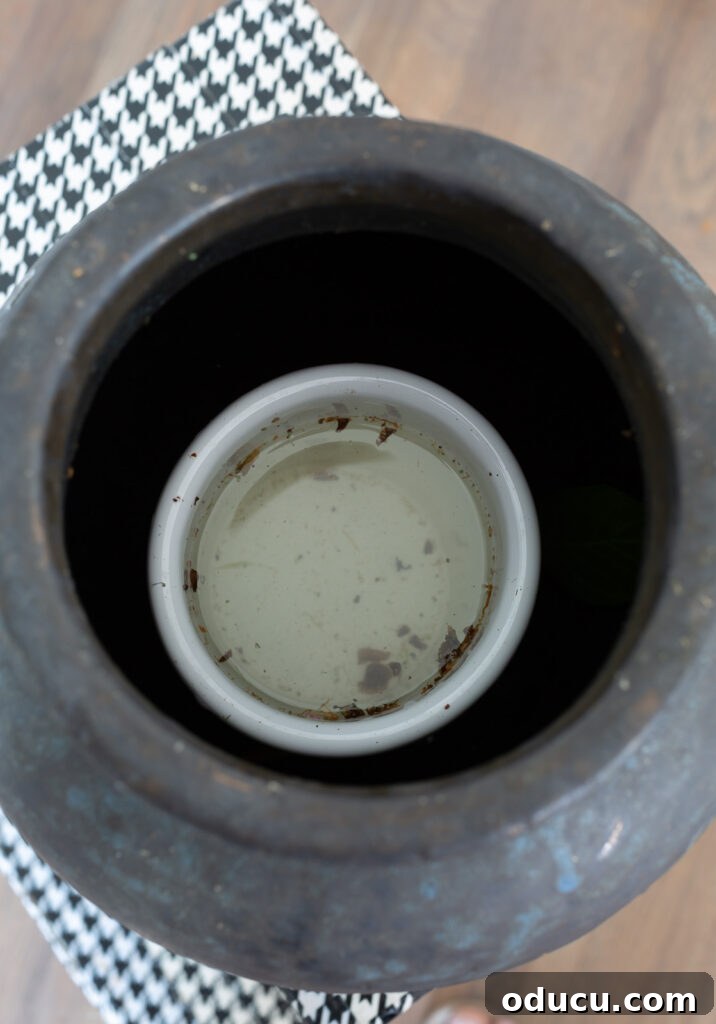 Unlocking Stunning Decor Inspiration For Free 14 Close-up looking down into a small glass urn placed inside a larger decorative planter, designed to hold water for fresh flowers