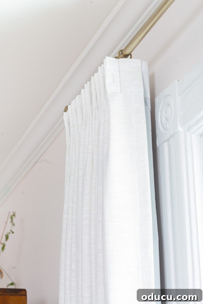 THY Curtains Adorn Every Space Beautifully 3 Close-up of elegantly pleated heading on TwoPages ready-made drapes, showcasing quality craftsmanship.