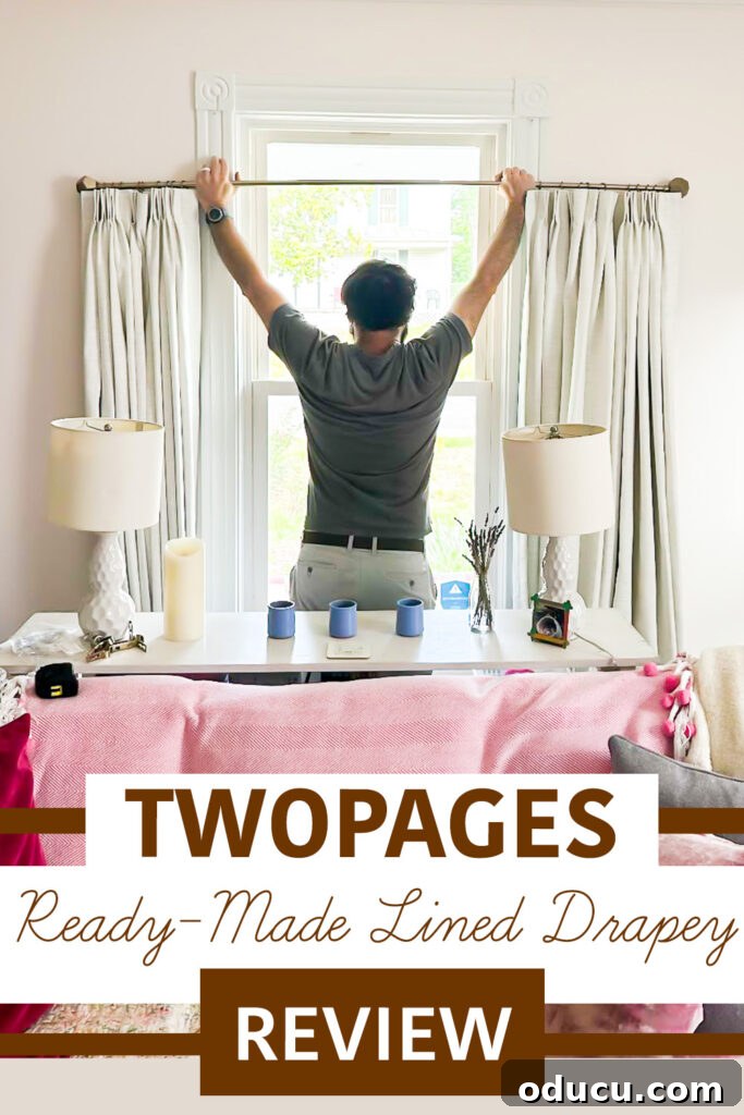 THY Curtains Adorn Every Space Beautifully 22 A man hanging elegant drapes in front of a window, transforming the room's aesthetic. The image includes text: 'Twopages ready-made lined drapery review', serving as a visual summary of the article.