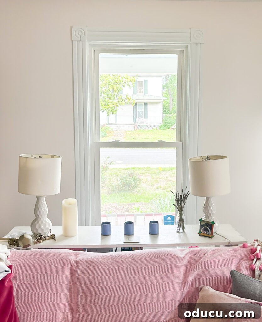 THY Curtains Adorn Every Space Beautifully 4 Interior living room window before the installation of Twopages draperies, showing bare glass and molding.