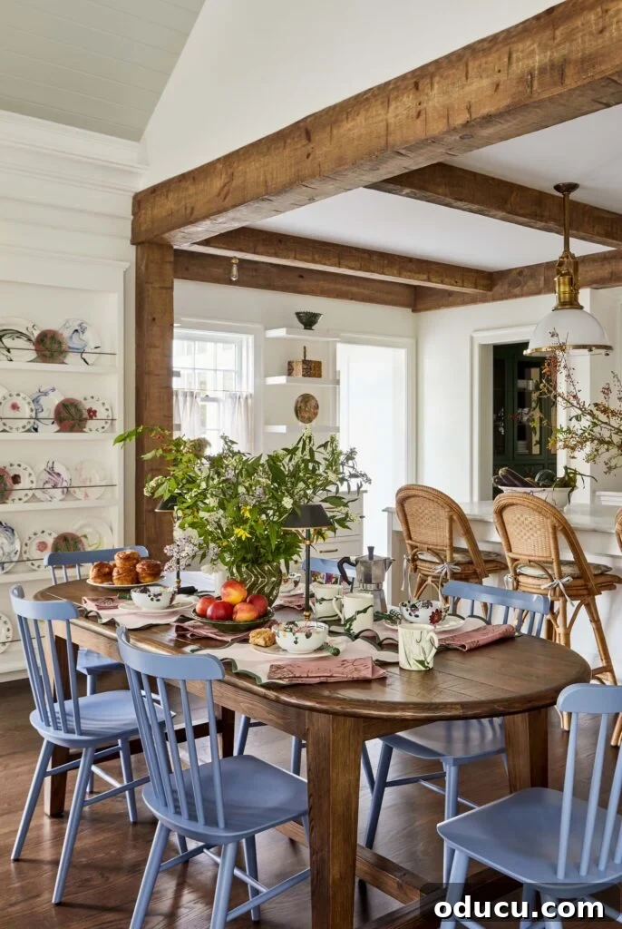 Style Files Volume 249 2 cheery rustic kitchen with stained dining table and blue chairs