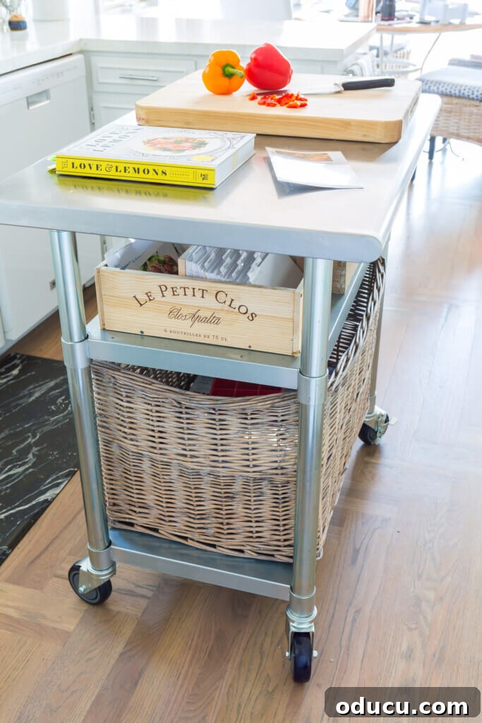 My Kitchen's New Centerpiece 3 A versatile metal kitchen cart repurposed as a functional island for food preparation, complete with a charming repurposed wine crate for recipe cards.