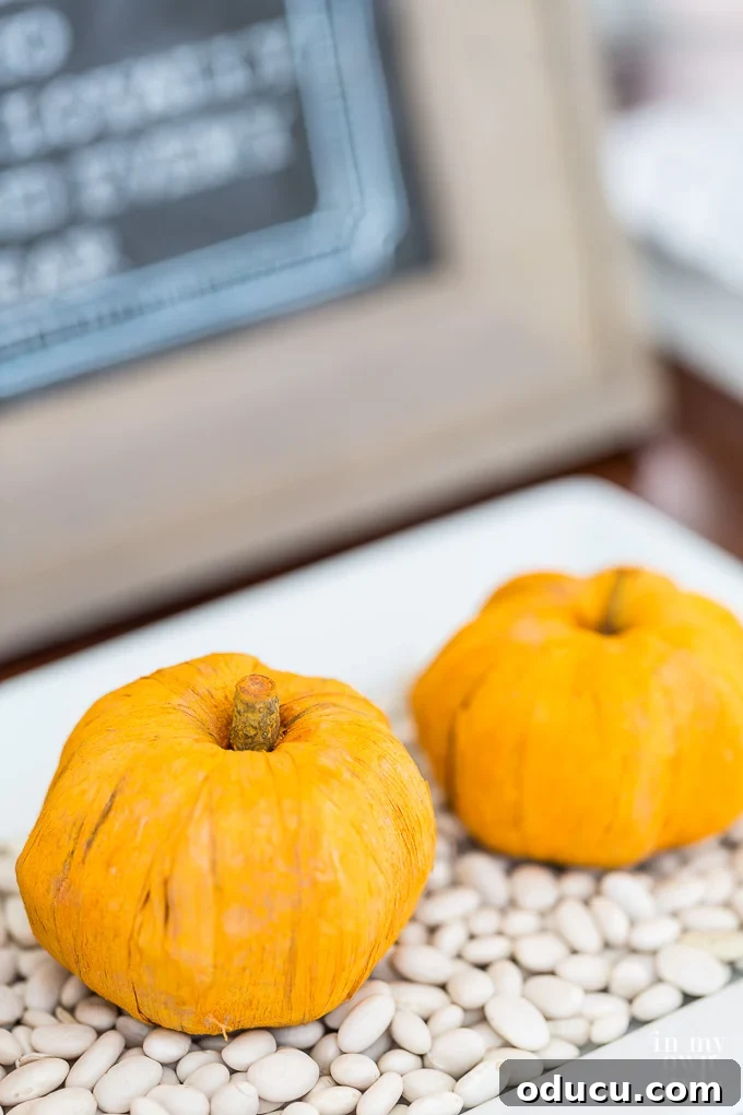 Fall Decor Reimagined 12 Paper pumpkins on a bed of white beans on a tray