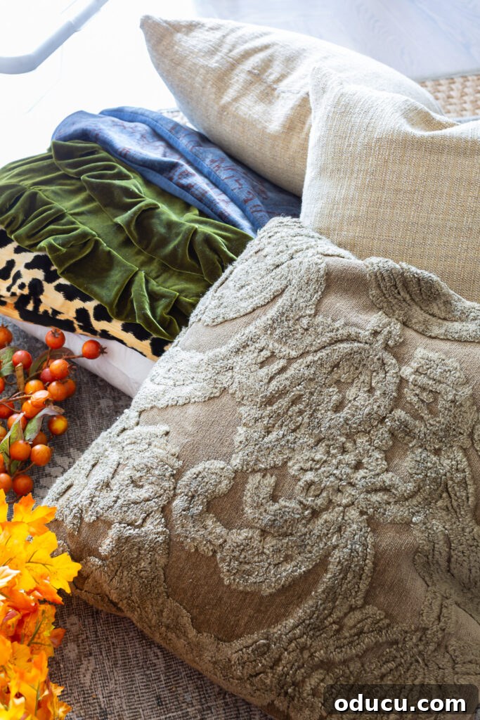 Fall Decor Reimagined 40 a stack of fall pillows and pillow covers