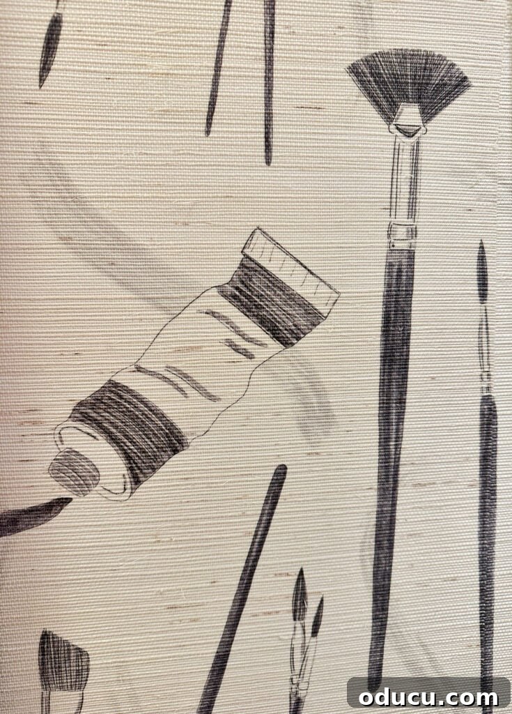 Shaping Tomorrow's Home: Inside the Southern Living Idea House 2025 29 paint tubes and brush black and white illustration wallpaper in Southern Living Idea House- Charlottesville